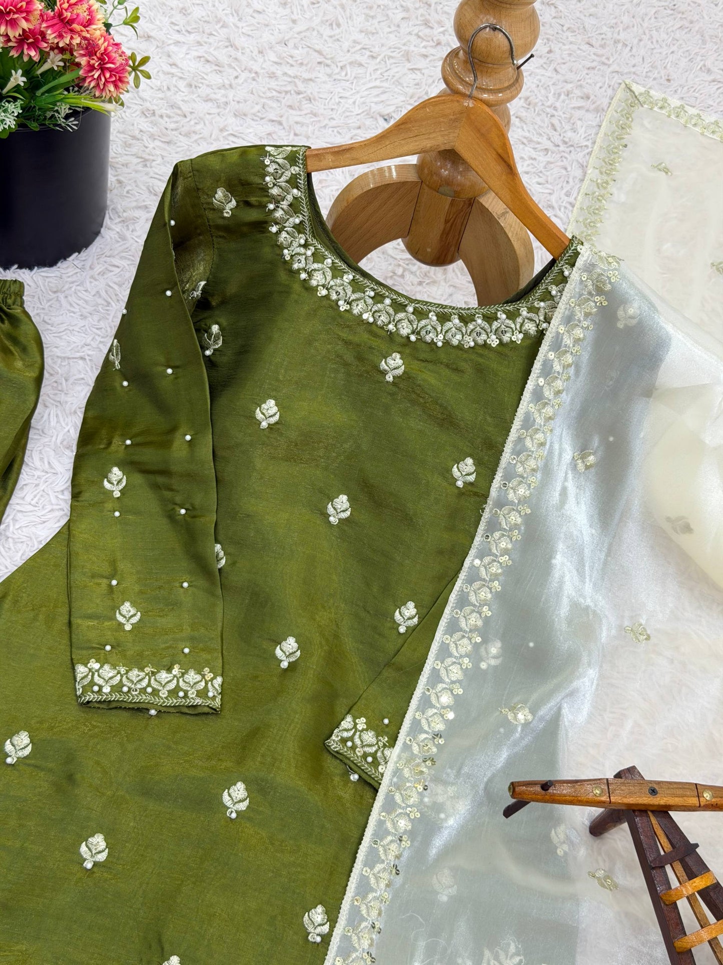 Mehndi gmy silk embroidery sequence work top-palazzo and dupatta