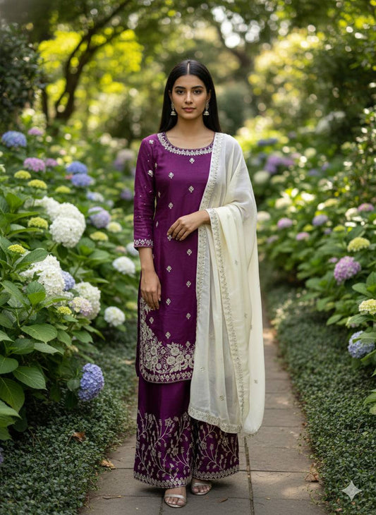 Purple gmy silk embroidery sequence work top-palazzo and dupatta