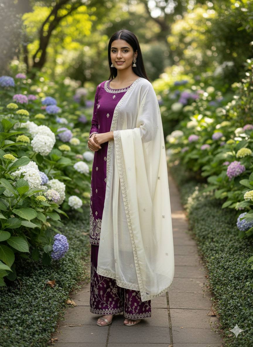 Purple gmy silk embroidery sequence work top-palazzo and dupatta