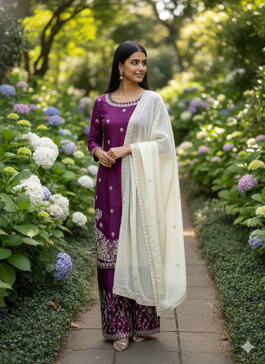 Purple gmy silk embroidery sequence work top-palazzo and dupatta