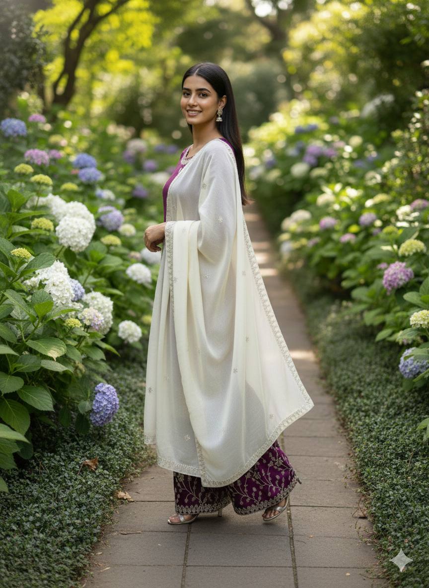 Purple gmy silk embroidery sequence work top-palazzo and dupatta