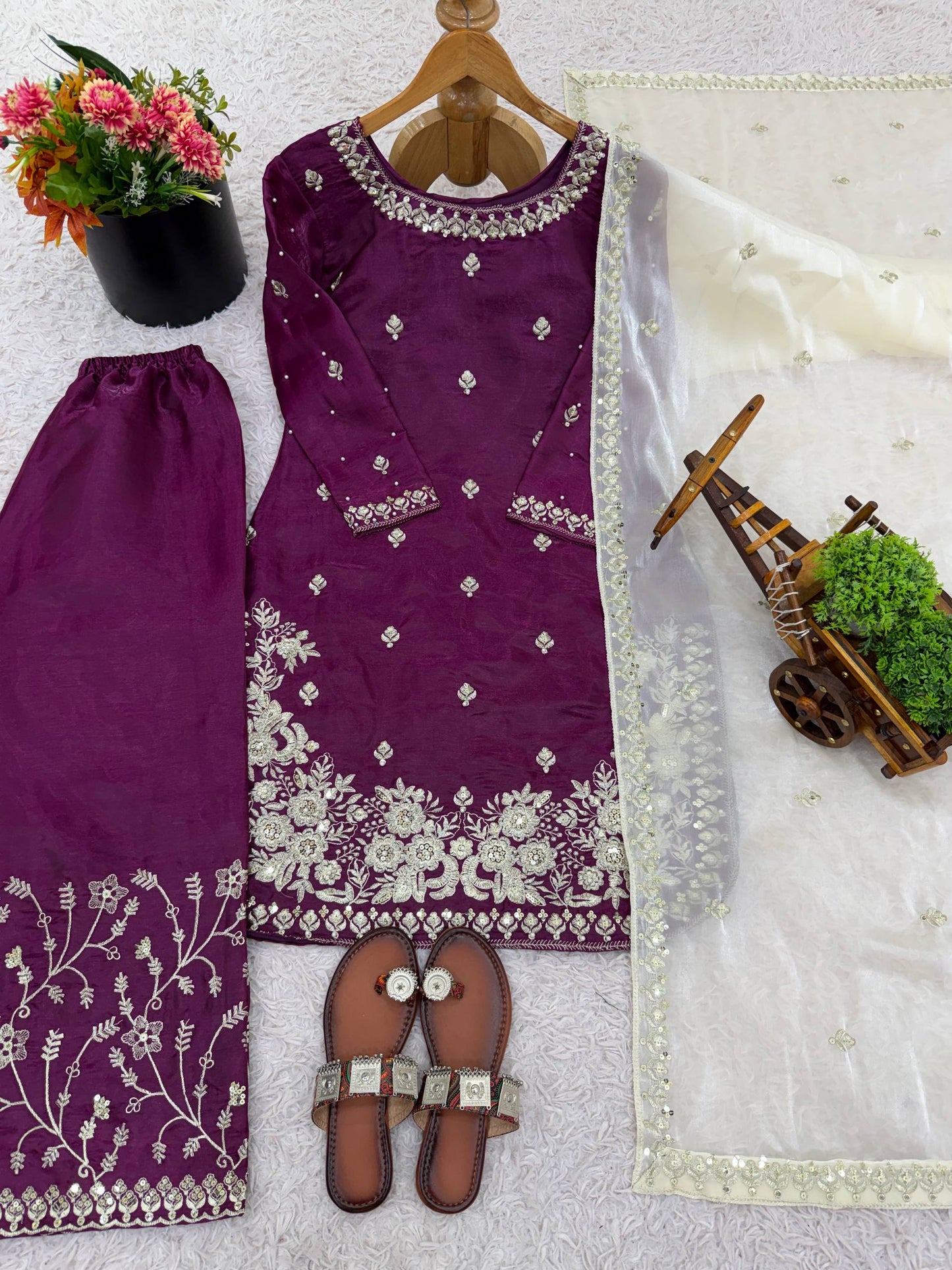 Purple gmy silk embroidery sequence work top-palazzo and dupatta