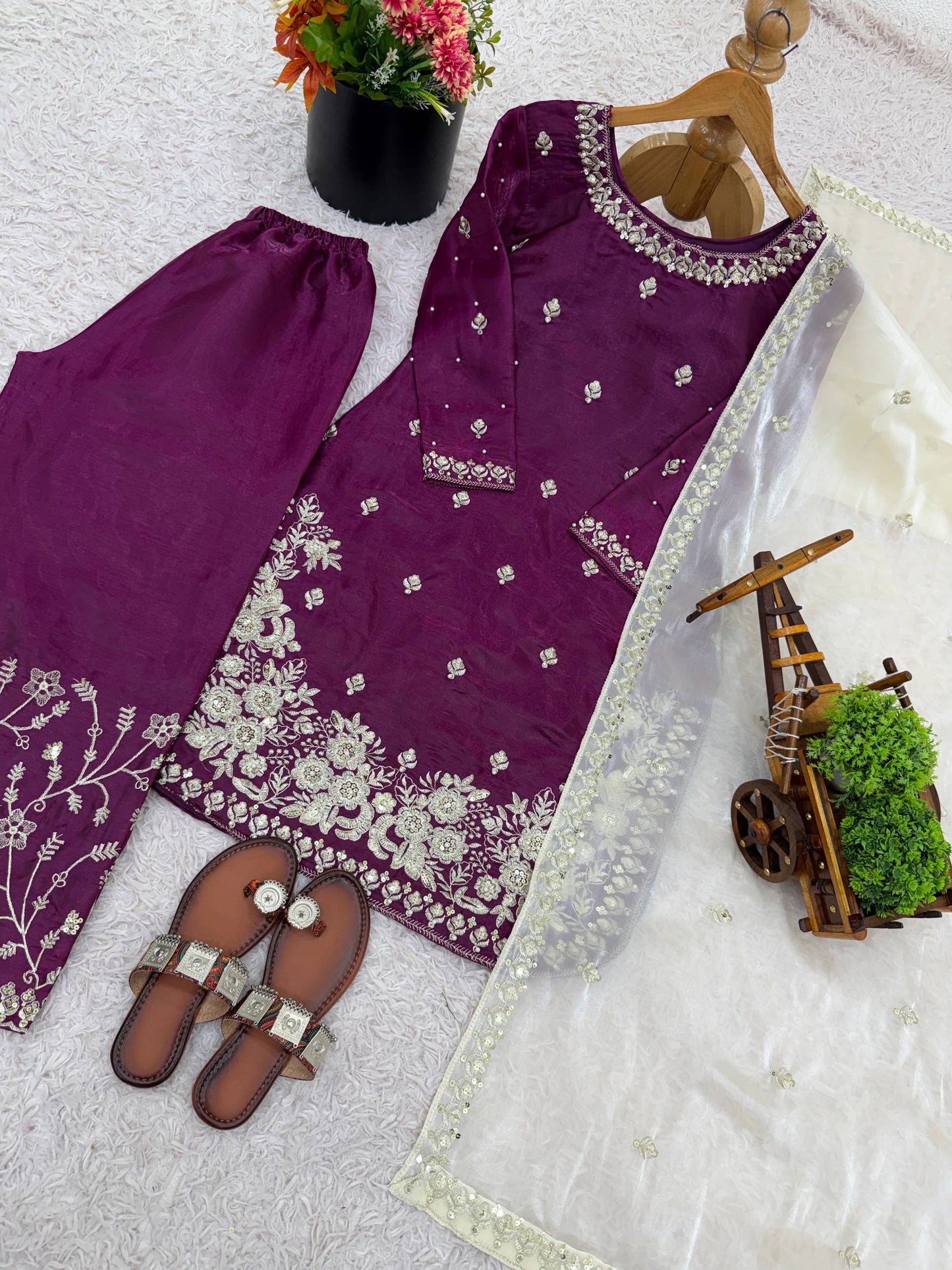 Purple gmy silk embroidery sequence work top-palazzo and dupatta
