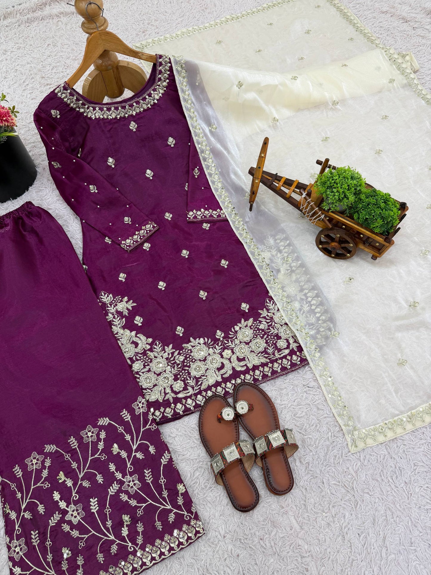 Purple gmy silk embroidery sequence work top-palazzo and dupatta