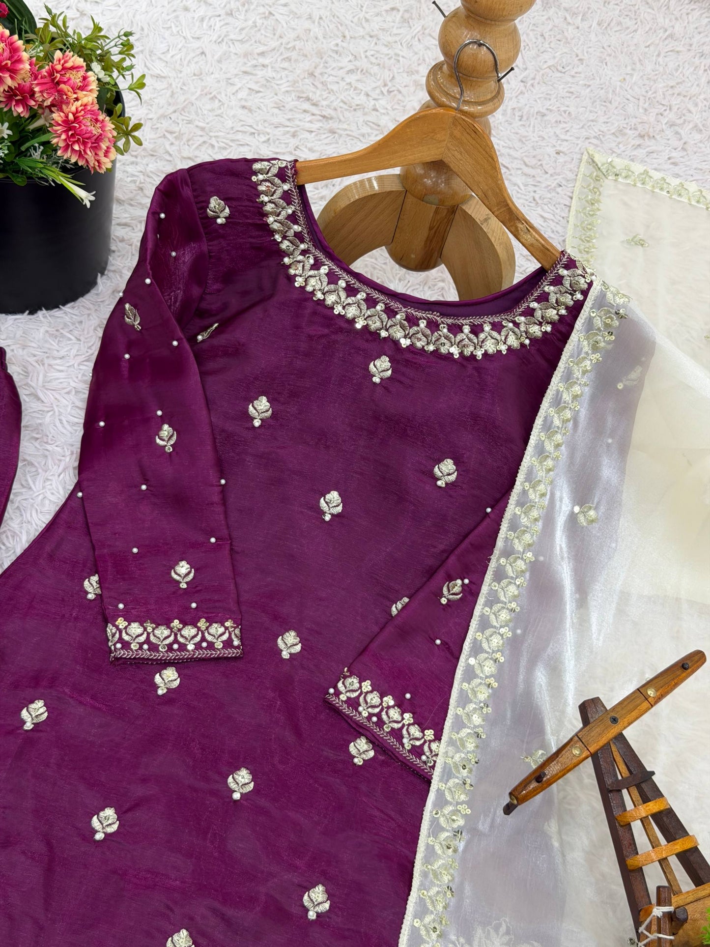 Purple gmy silk embroidery sequence work top-palazzo and dupatta
