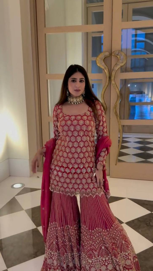 Red foux georgette thread with  sequence work top-sharara and dupatta set