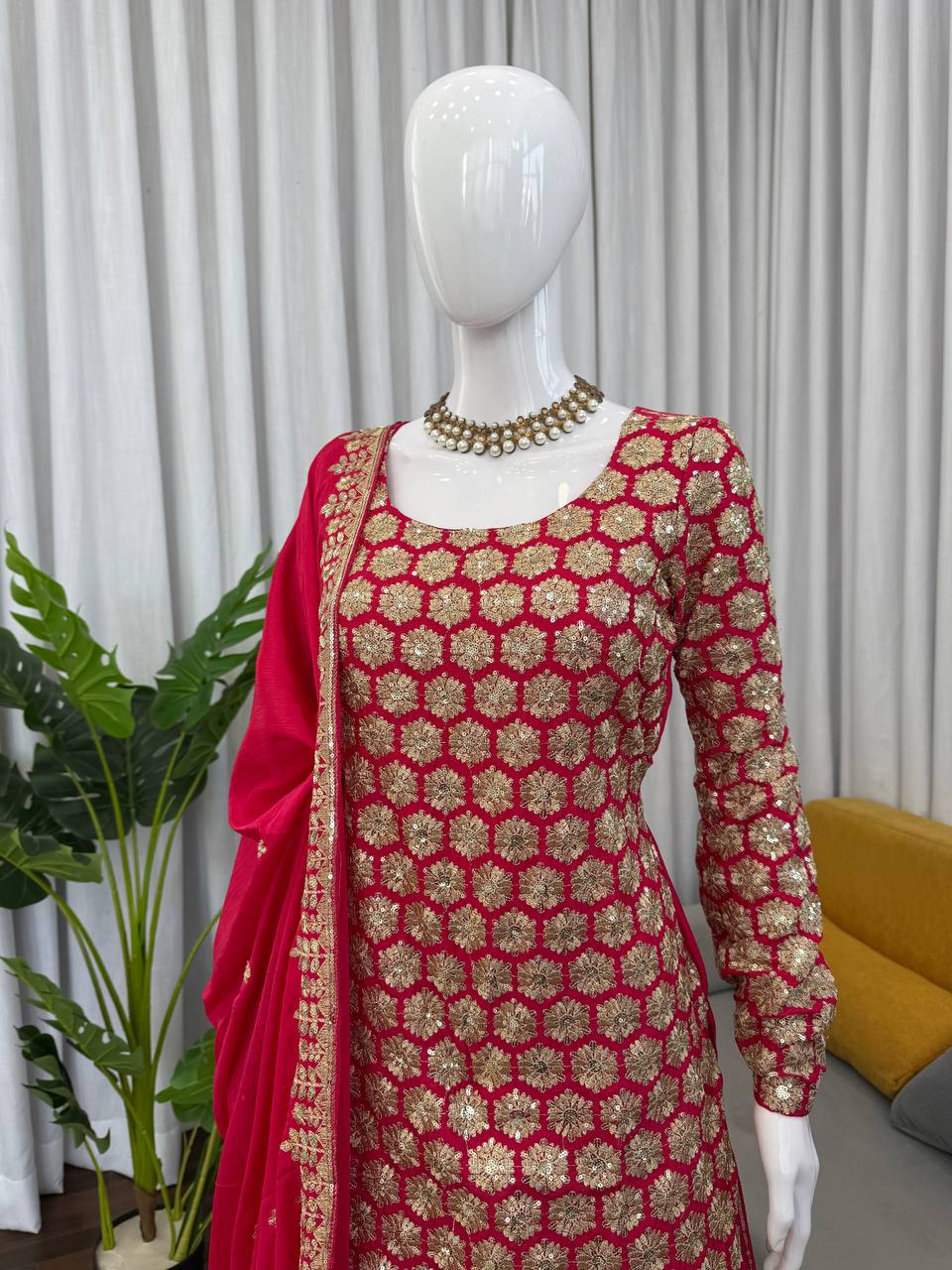 Red foux georgette thread with  sequence work top-sharara and dupatta set