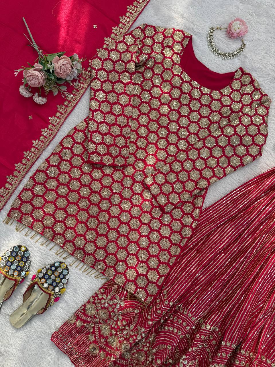 Red foux georgette thread with  sequence work top-sharara and dupatta set
