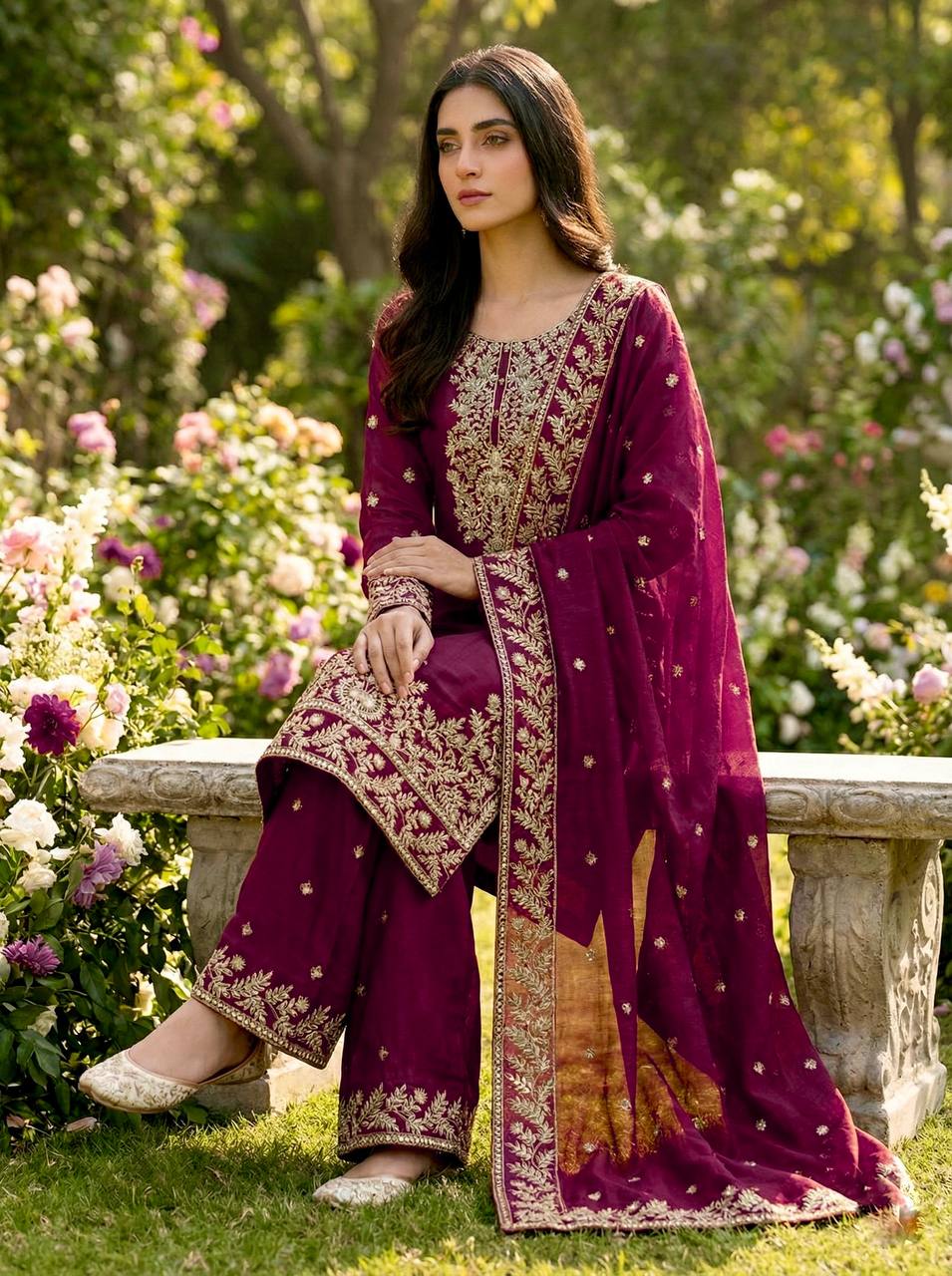 Purple gmy silk with heavy embroidery sequence work top-palazzo and dupatta