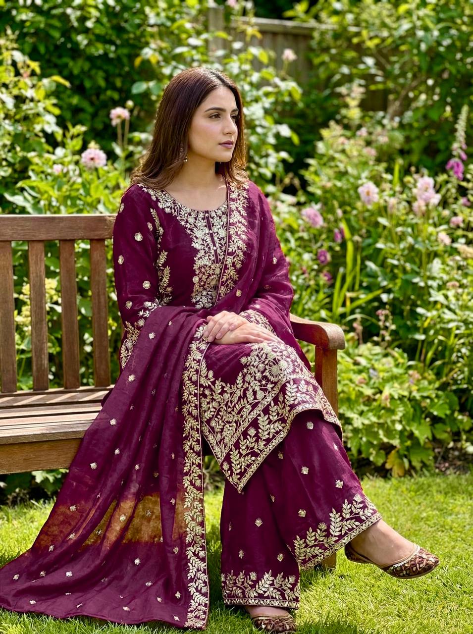 Purple gmy silk with heavy embroidery sequence work top-palazzo and dupatta