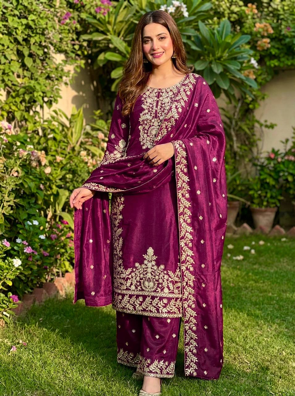 Purple gmy silk with heavy embroidery sequence work top-palazzo and dupatta