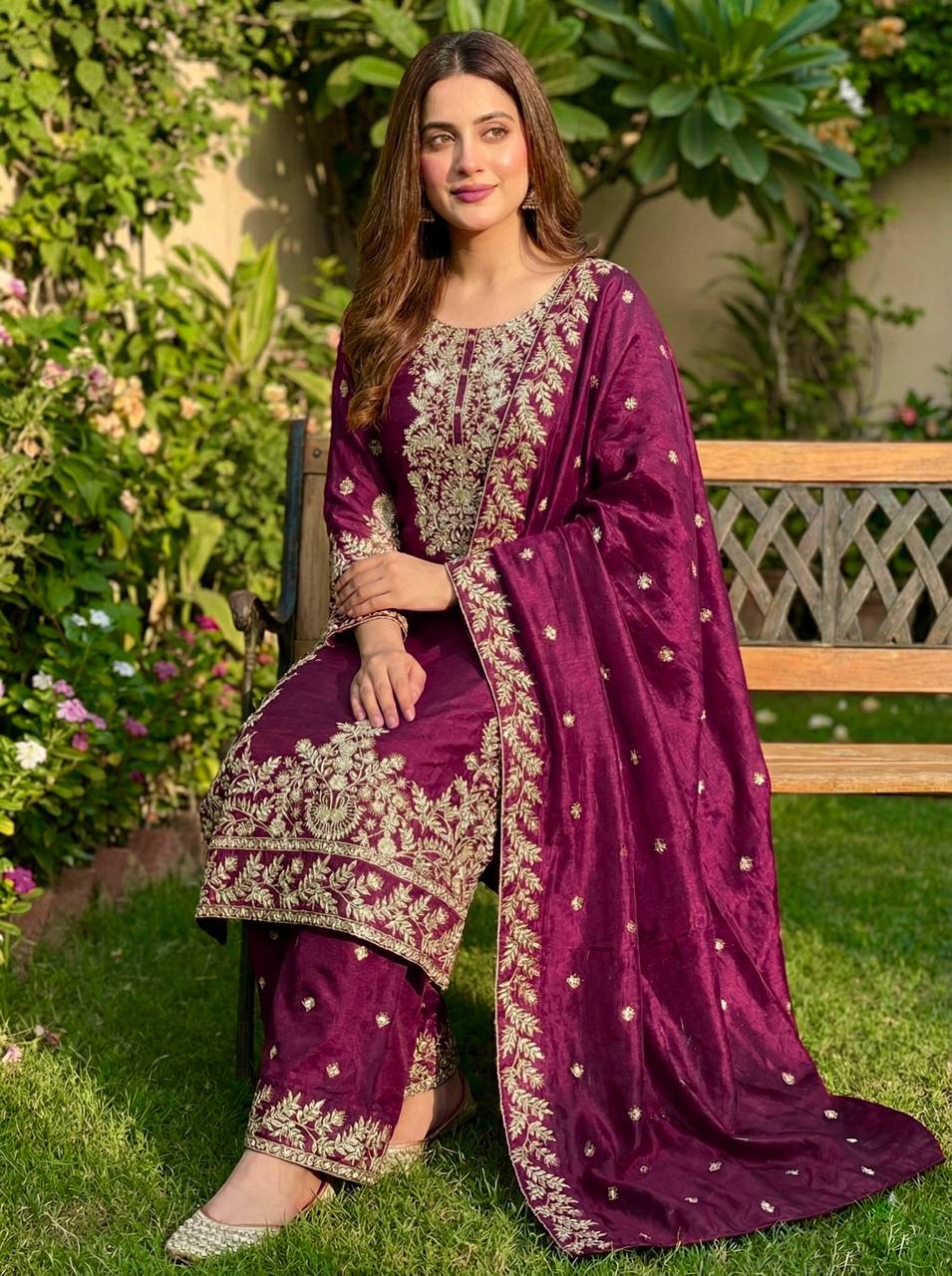 Purple gmy silk with heavy embroidery sequence work top-palazzo and dupatta