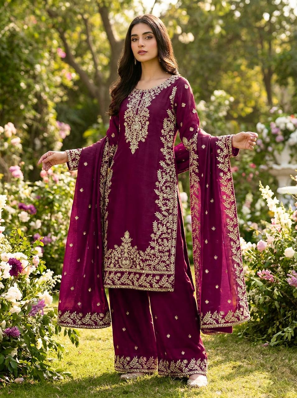 Purple gmy silk with heavy embroidery sequence work top-palazzo and dupatta