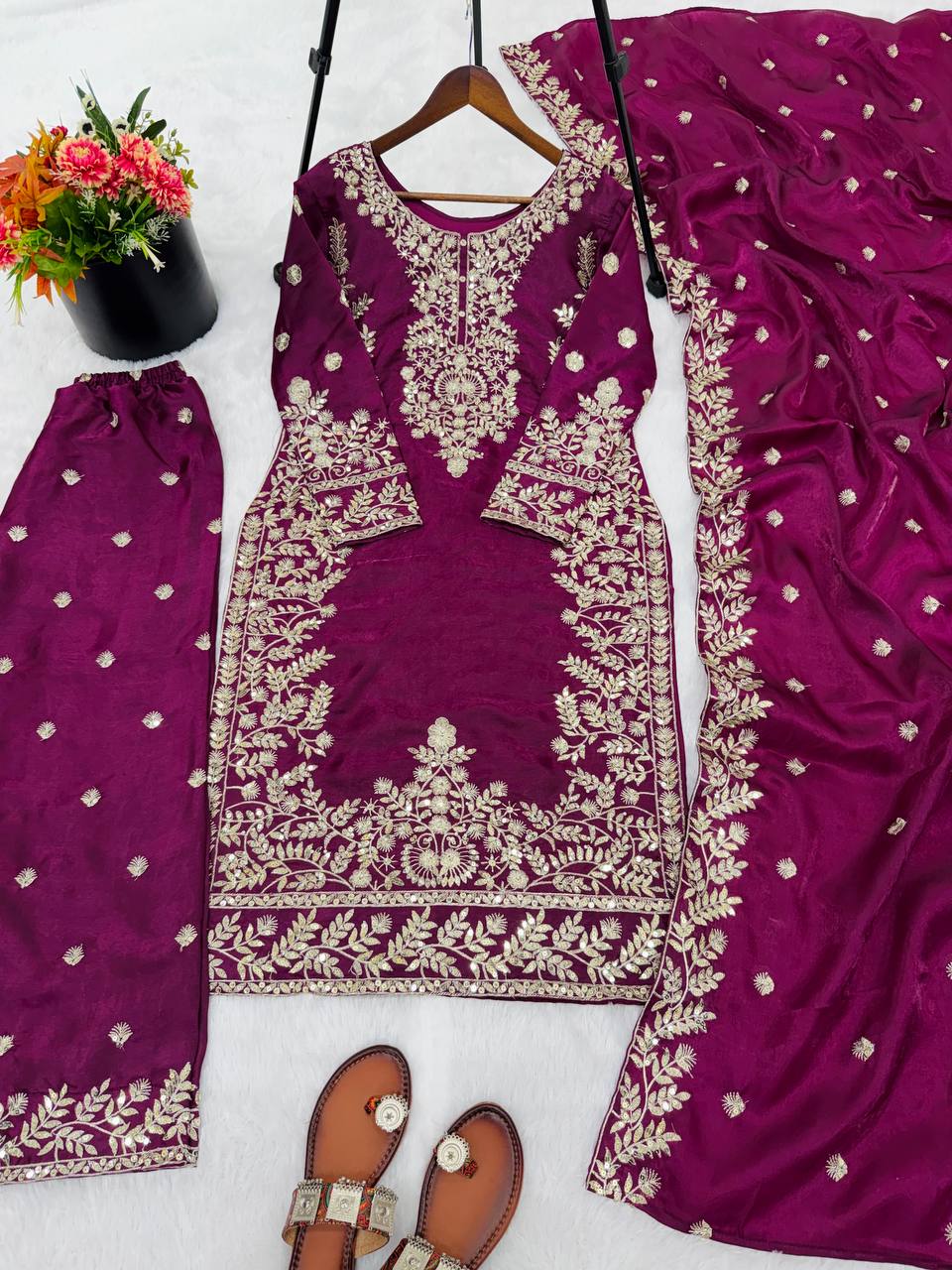 Purple gmy silk with heavy embroidery sequence work top-palazzo and dupatta