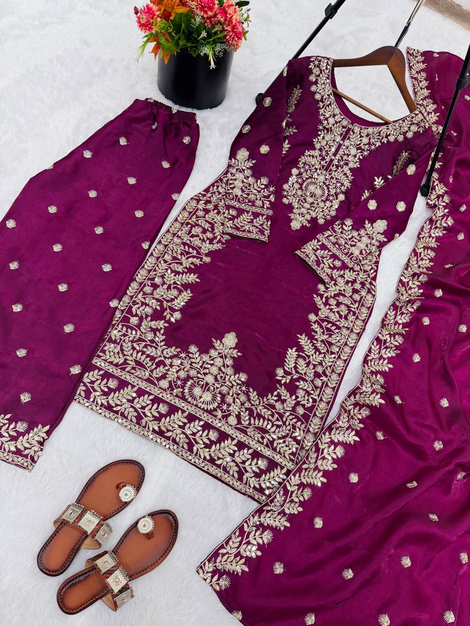 Purple gmy silk with heavy embroidery sequence work top-palazzo and dupatta