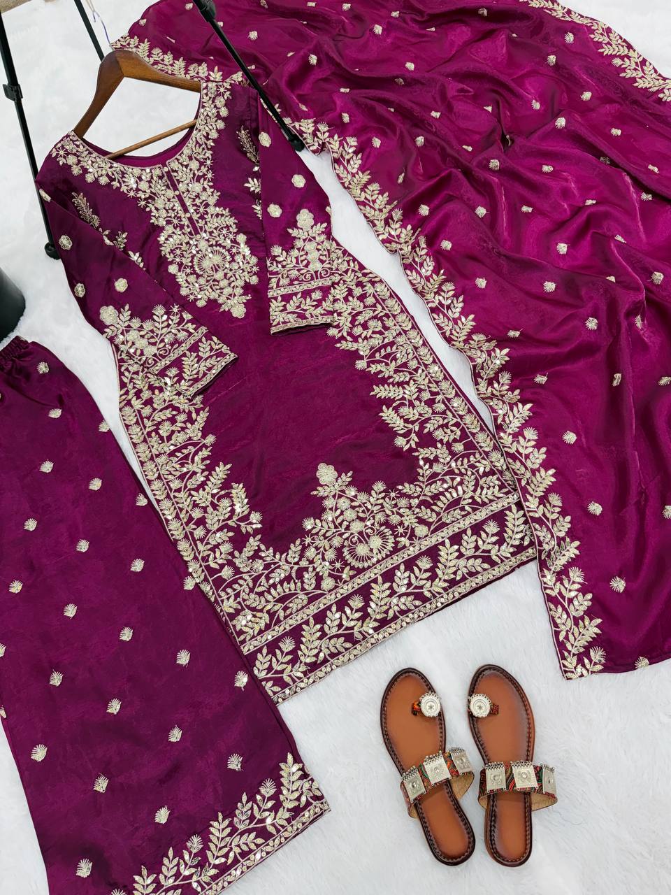 Purple gmy silk with heavy embroidery sequence work top-palazzo and dupatta