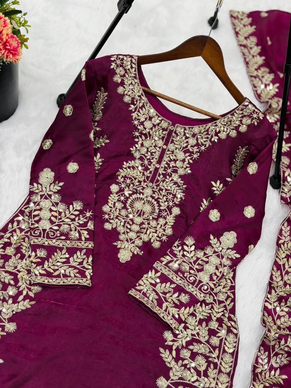 Purple gmy silk with heavy embroidery sequence work top-palazzo and dupatta