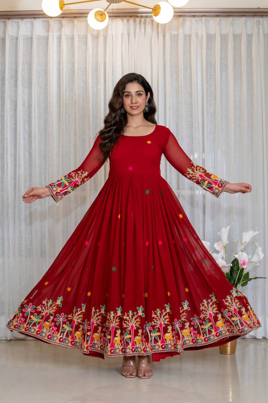 Red fox georgette embroidery work gown-pant and dupatta set