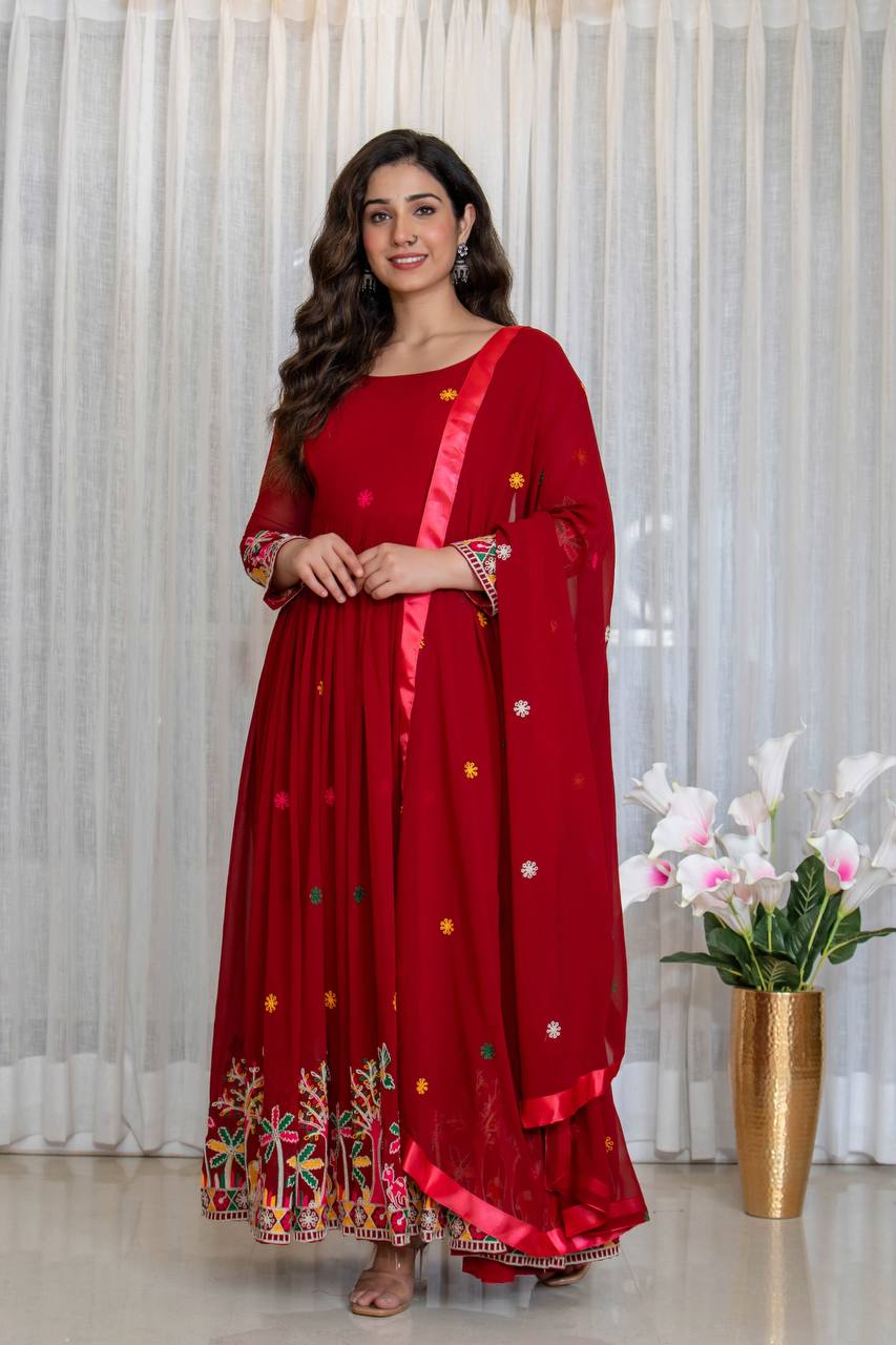 Red fox georgette embroidery work gown-pant and dupatta set