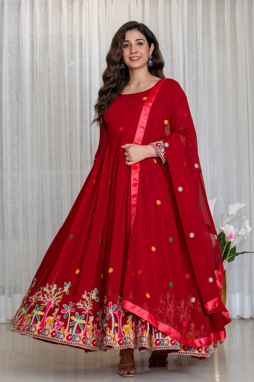 Red fox georgette embroidery work gown-pant and dupatta set