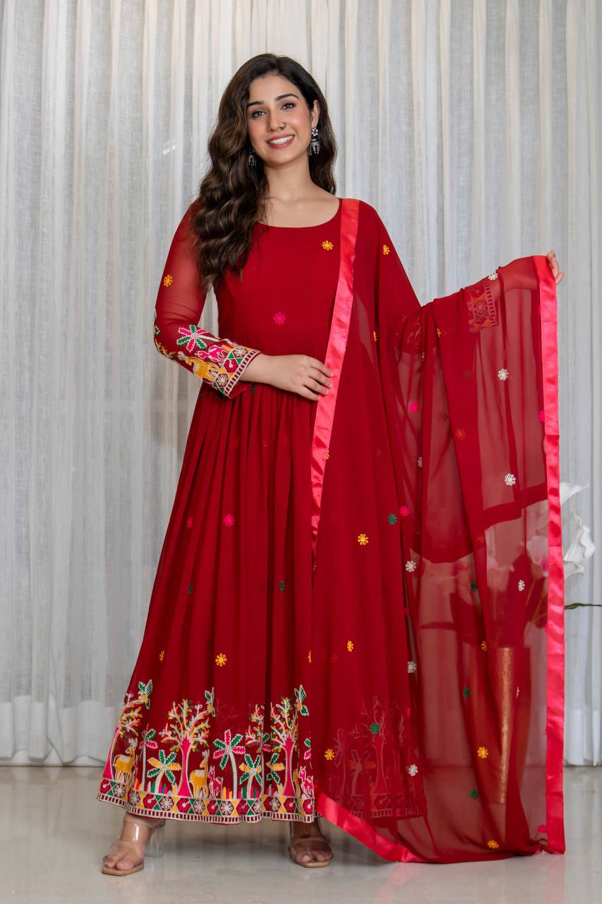 Red fox georgette embroidery work gown-pant and dupatta set
