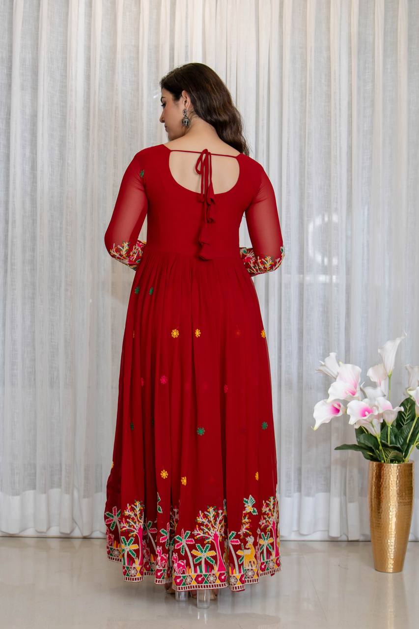 Red fox georgette embroidery work gown-pant and dupatta set
