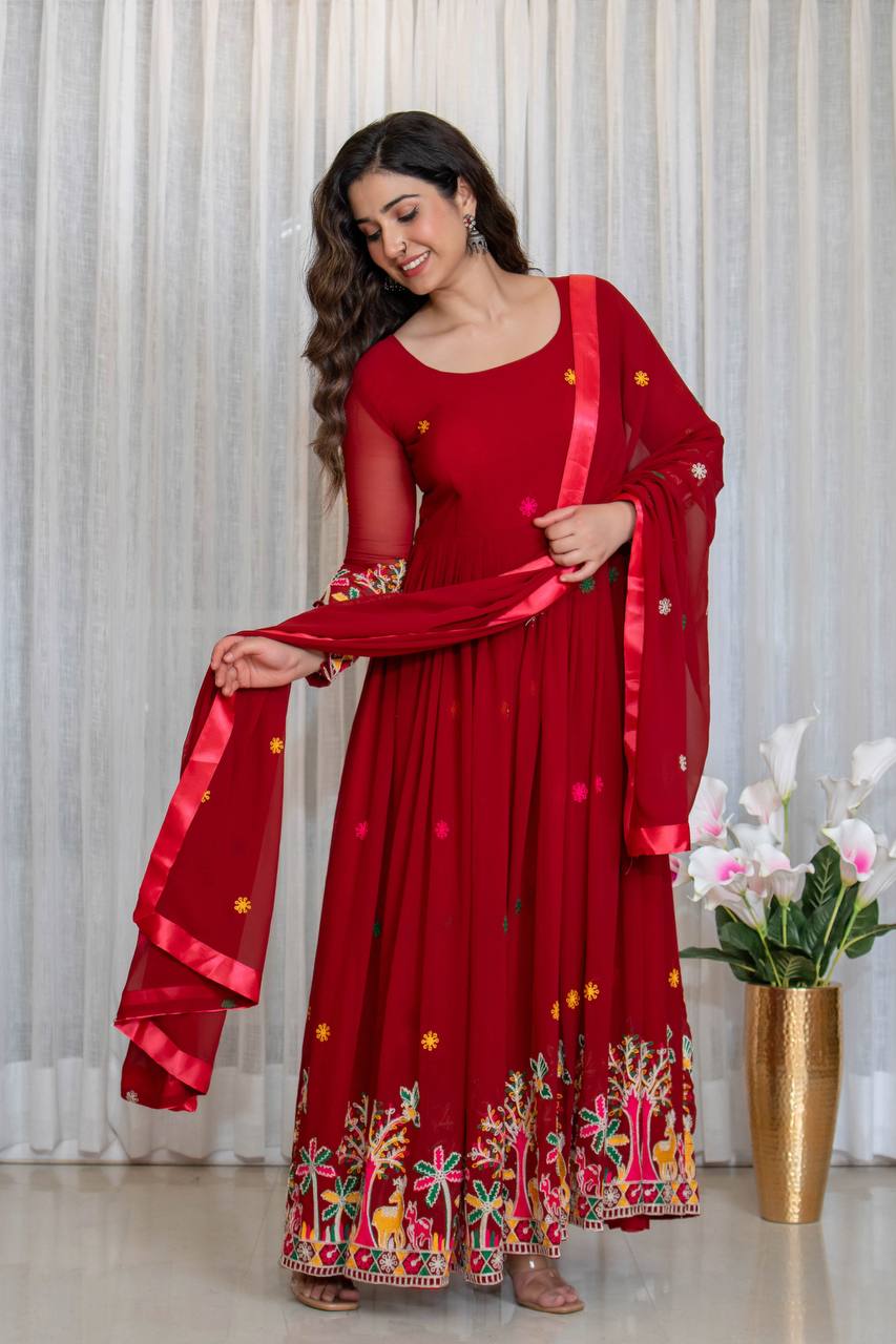 Red fox georgette embroidery work gown-pant and dupatta set