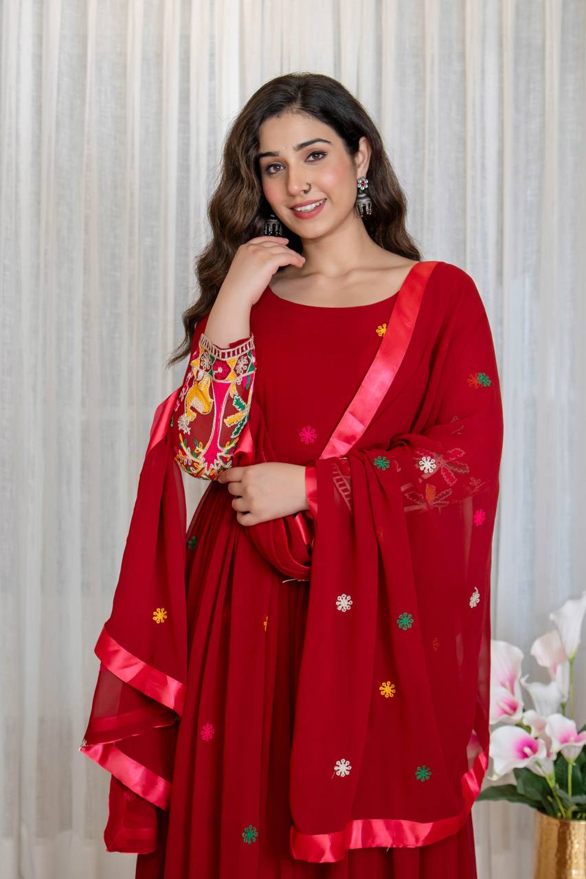 Red fox georgette embroidery work gown-pant and dupatta set