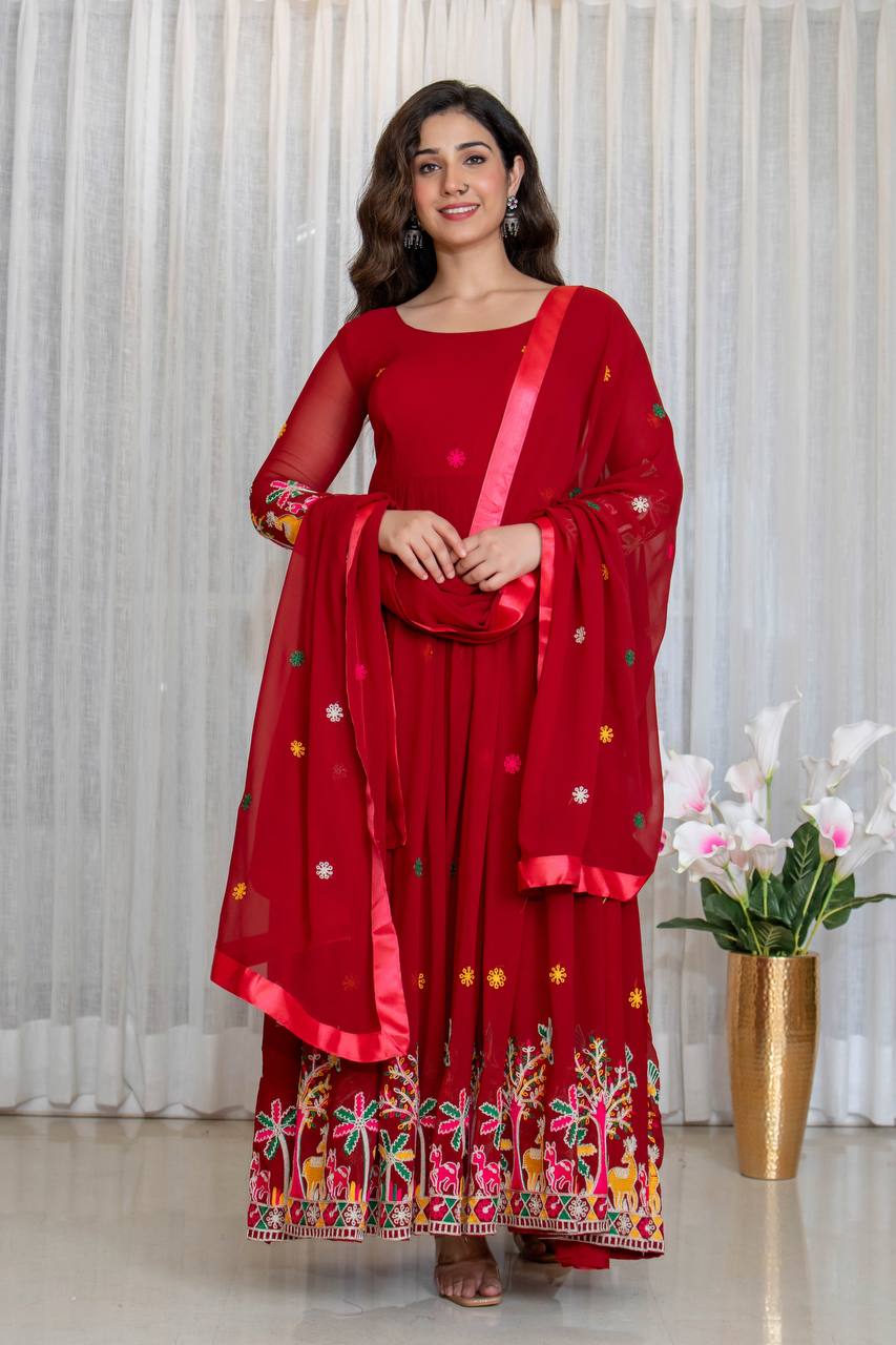Red fox georgette embroidery work gown-pant and dupatta set