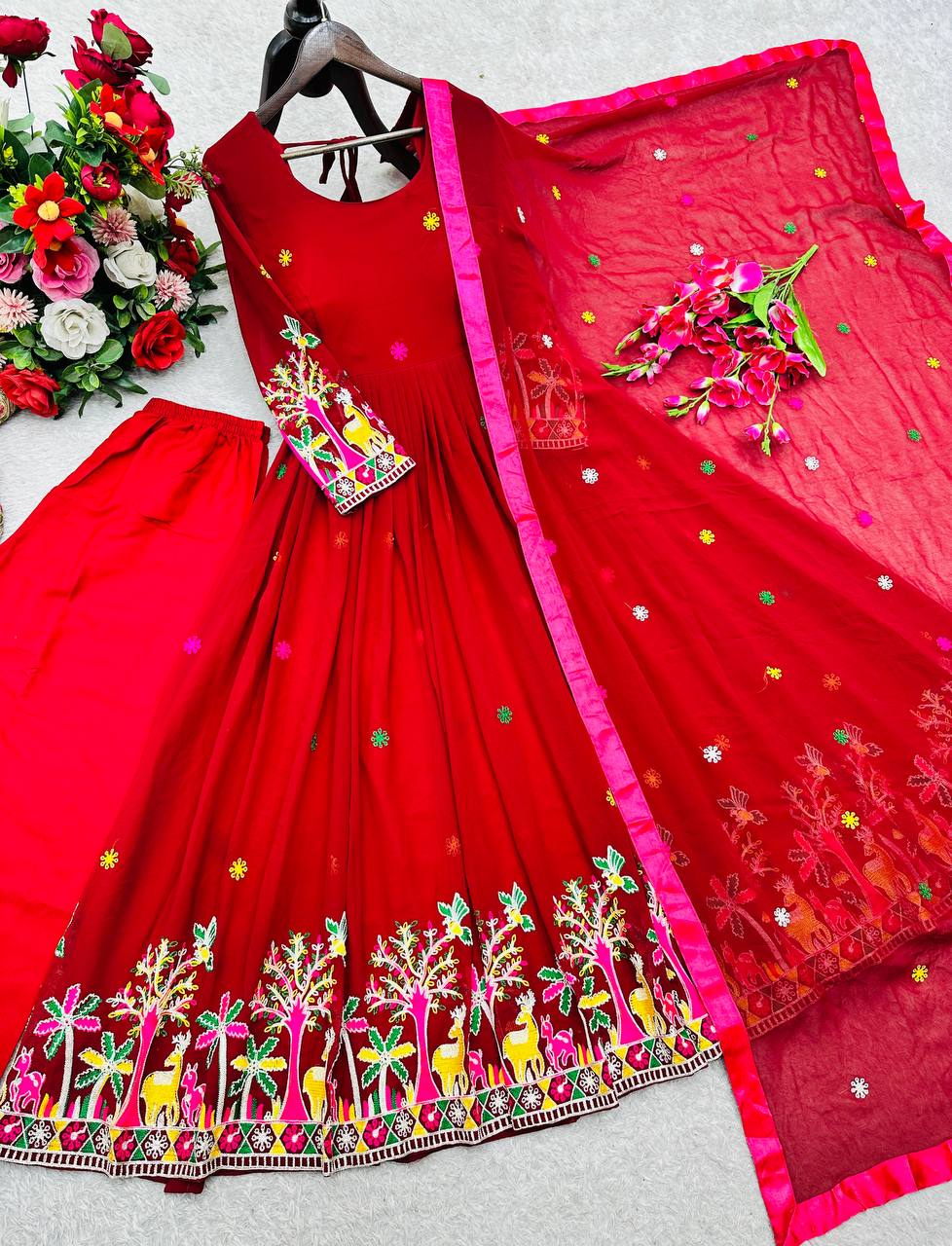 Red fox georgette embroidery work gown-pant and dupatta set