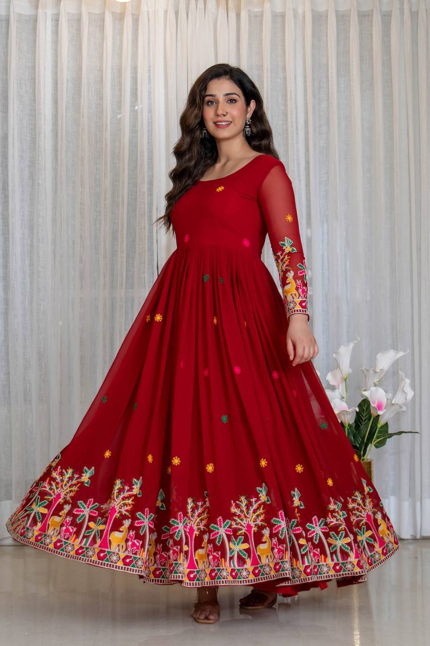 Red fox georgette embroidery work gown-pant and dupatta set