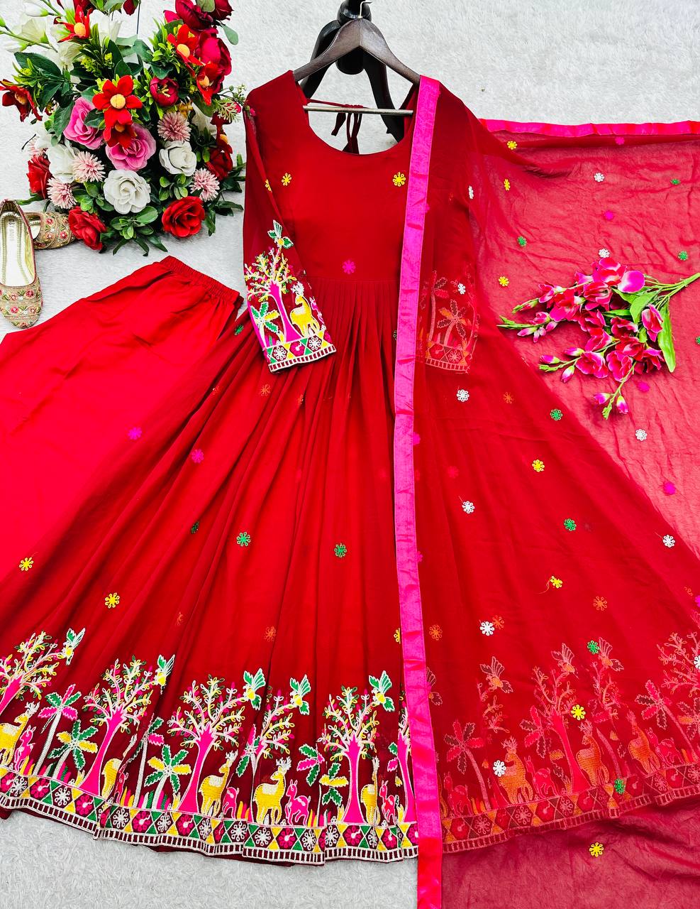 Red fox georgette embroidery work gown-pant and dupatta set
