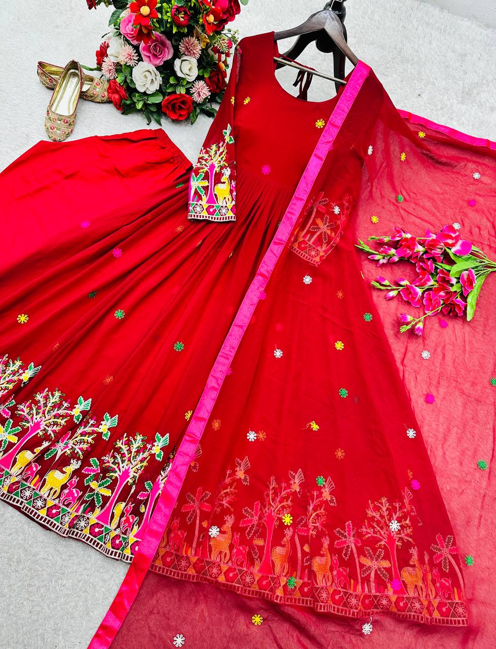 Red fox georgette embroidery work gown-pant and dupatta set