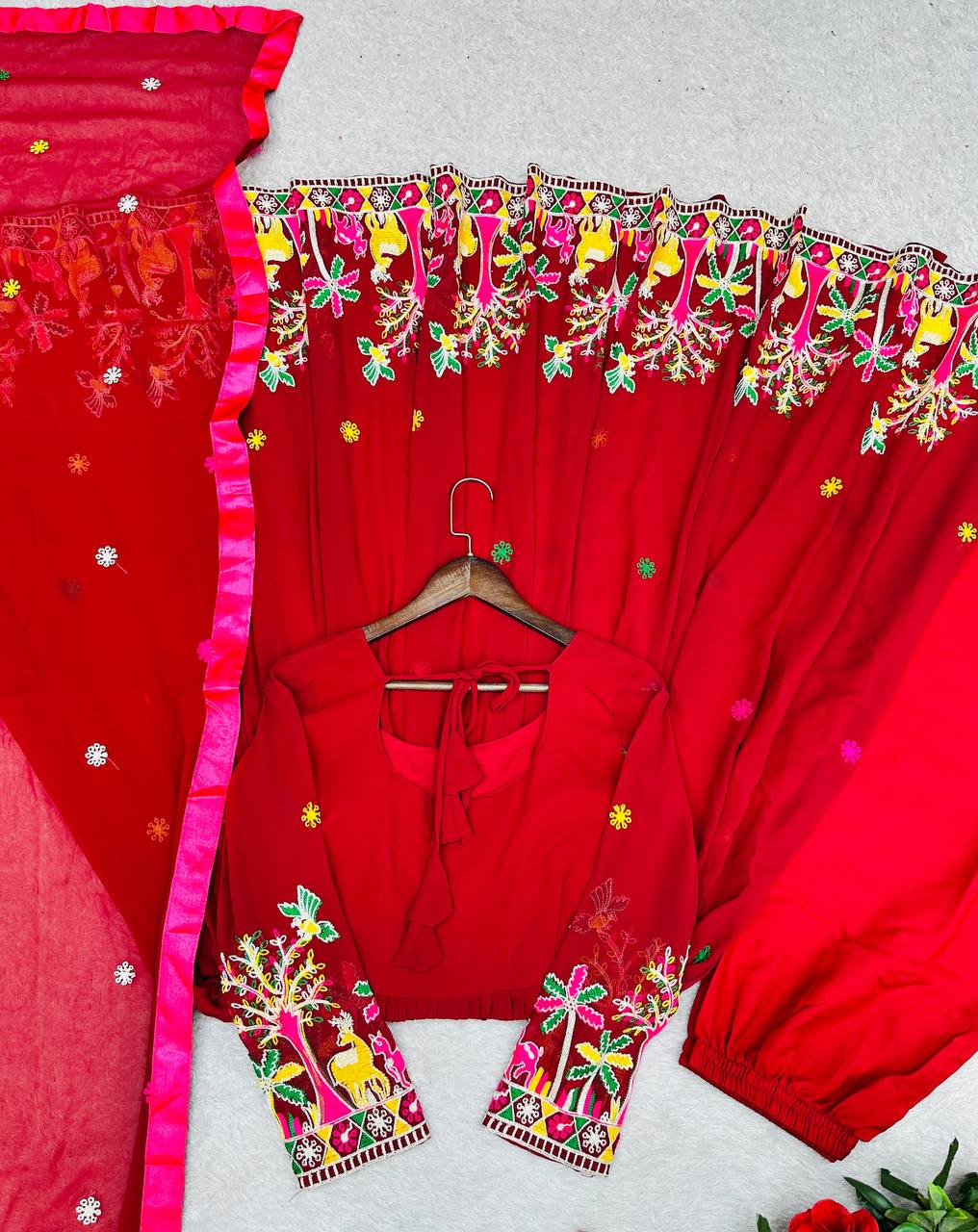 Red fox georgette embroidery work gown-pant and dupatta set