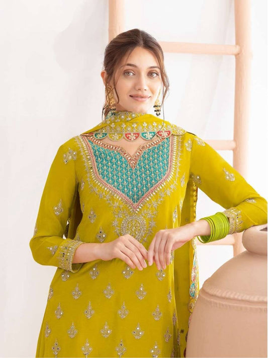 Yellow fox georgette with Shine embroidery work gown & pent & dupatta