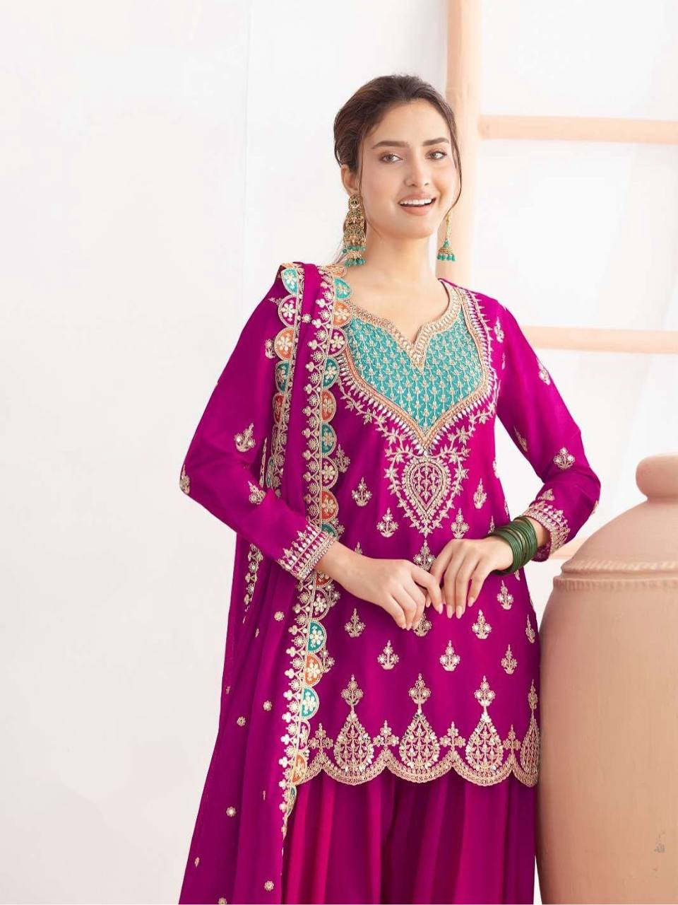 Rani fox georgette with Shine embroidery work gown & pent & dupatta