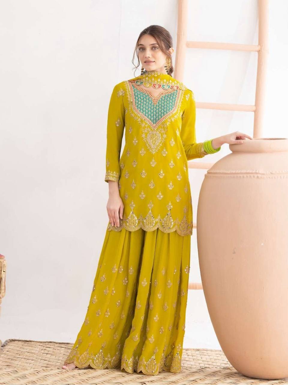 Yellow fox georgette with Shine embroidery work gown & pent & dupatta