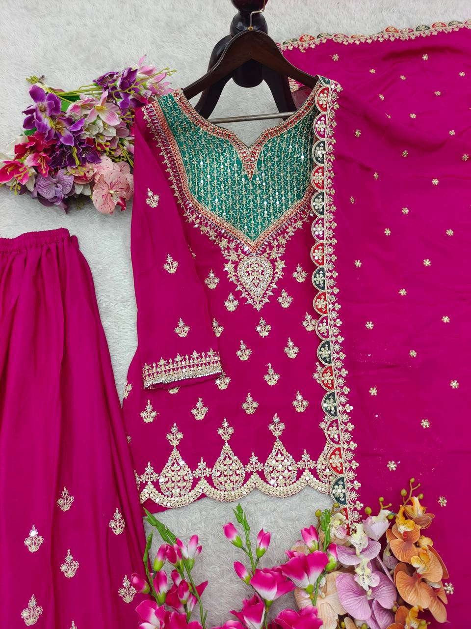 Rani fox georgette with Shine embroidery work gown & pent & dupatta