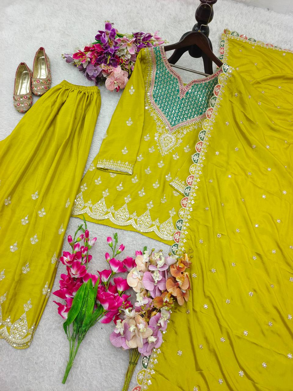 Yellow fox georgette with Shine embroidery work gown & pent & dupatta