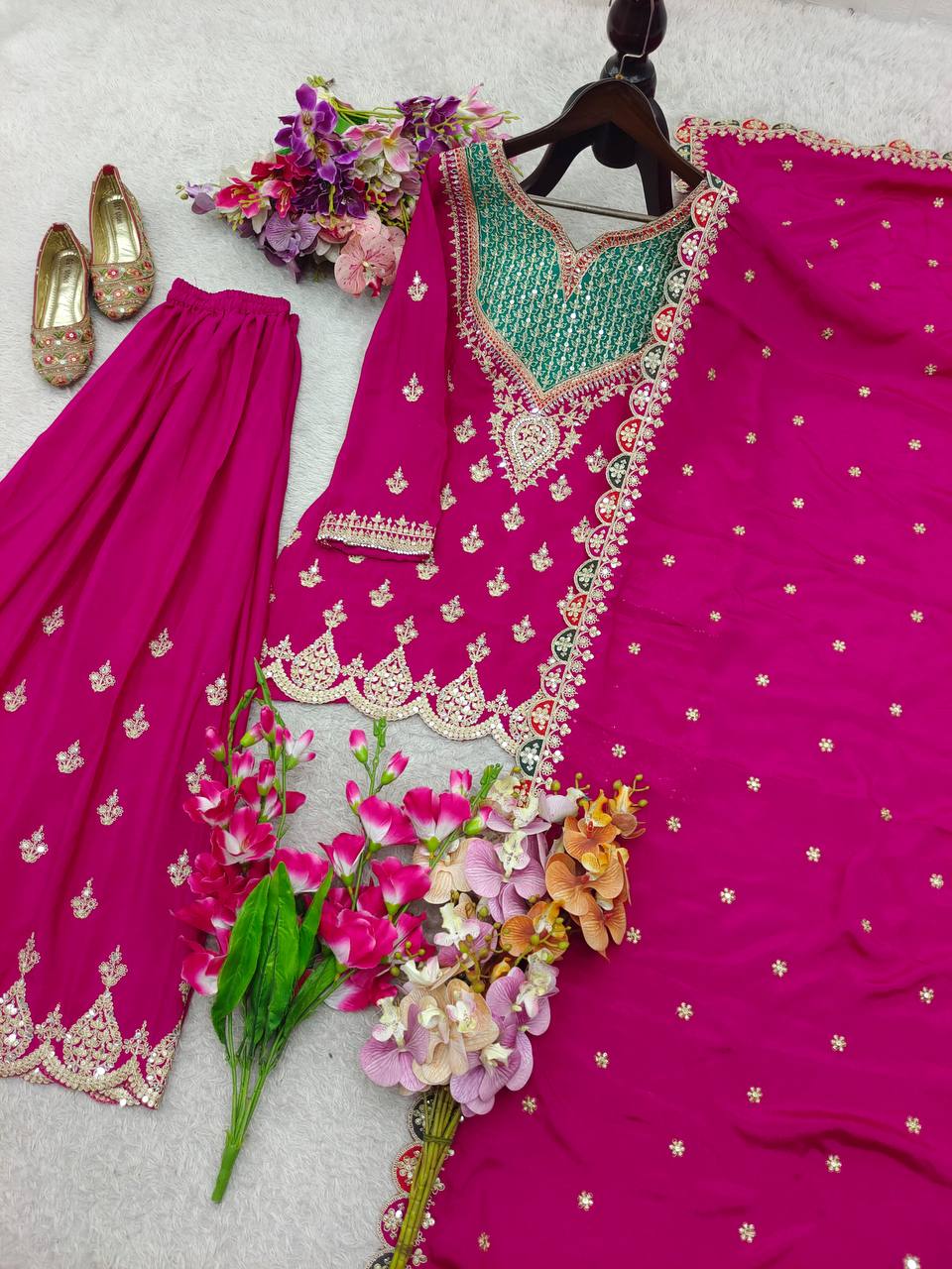Rani fox georgette with Shine embroidery work gown & pent & dupatta