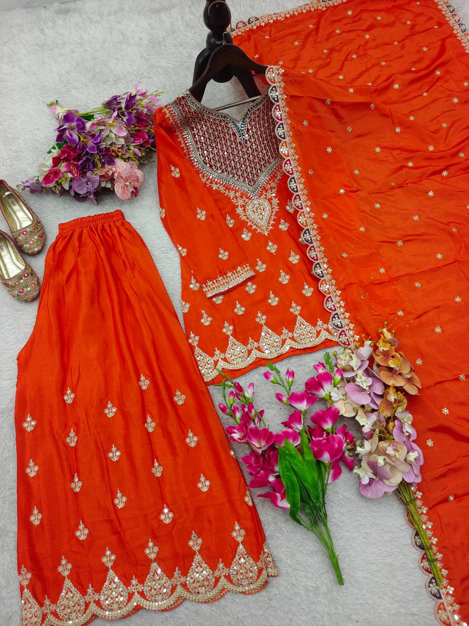 Orange fox georgette with Shine embroidery work gown & pent & dupatta