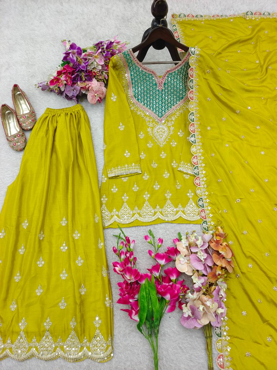 Yellow fox georgette with Shine embroidery work gown & pent & dupatta