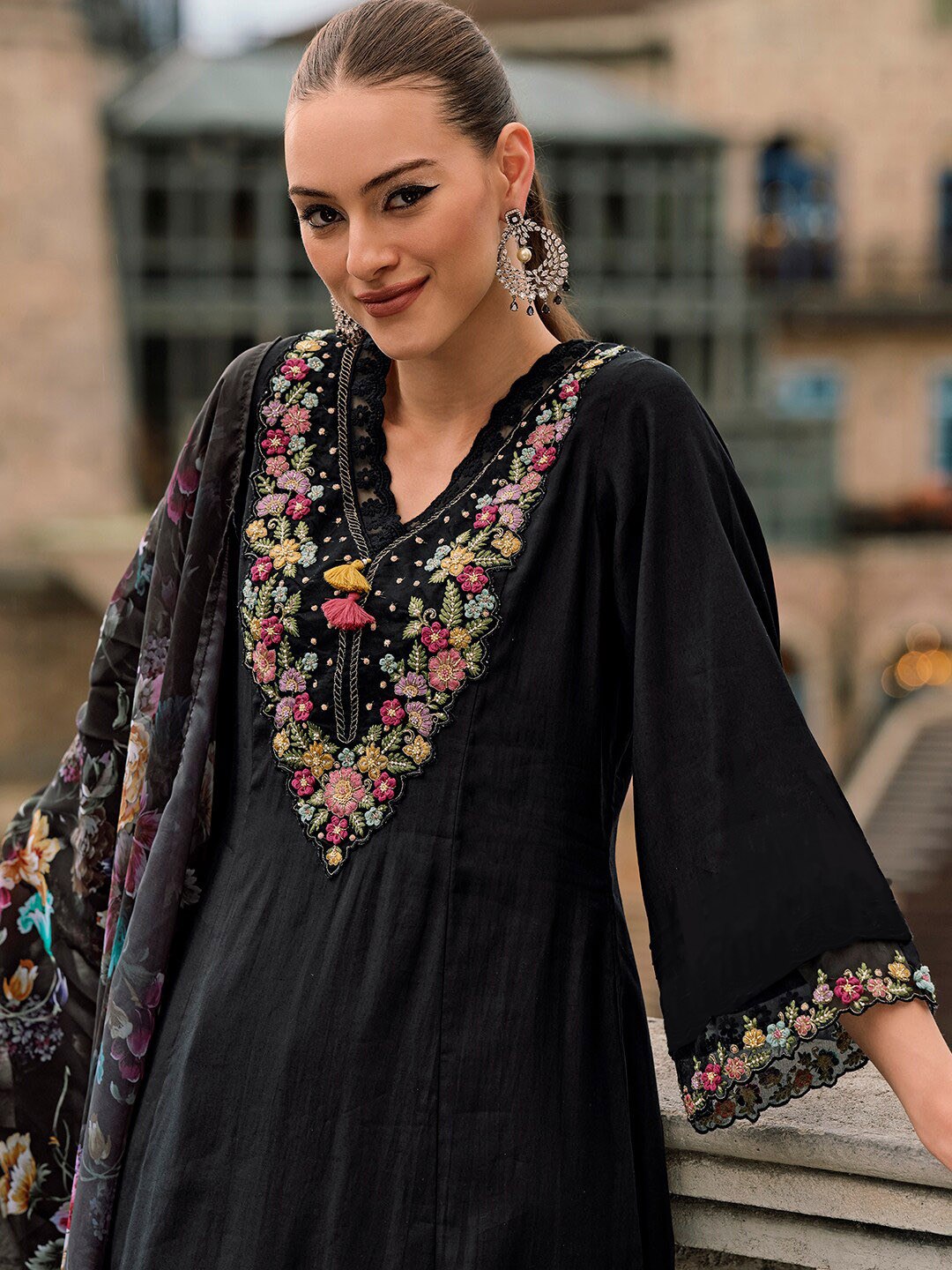 Black vichitra silk embroidered work women kurta pant dupatta set