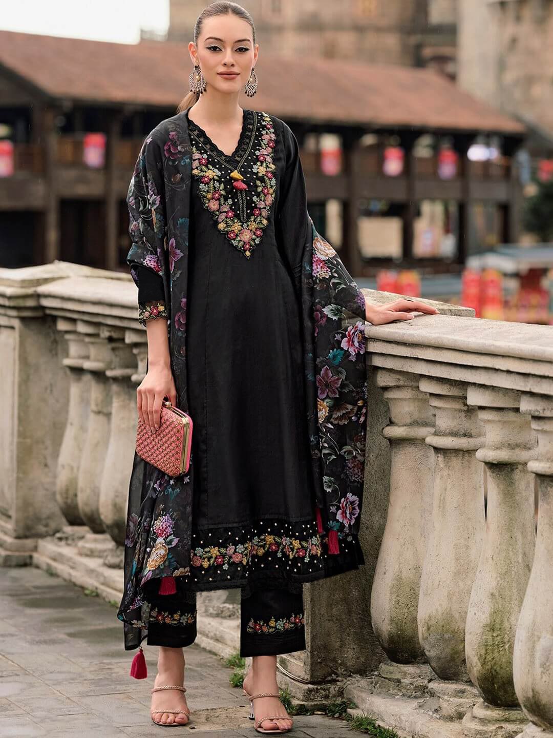 Black vichitra silk embroidered work women kurta pant dupatta set