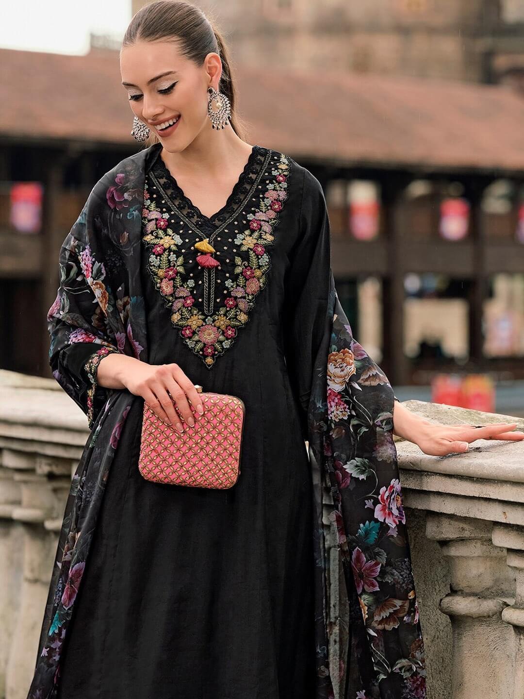 Black vichitra silk embroidered work women kurta pant dupatta set