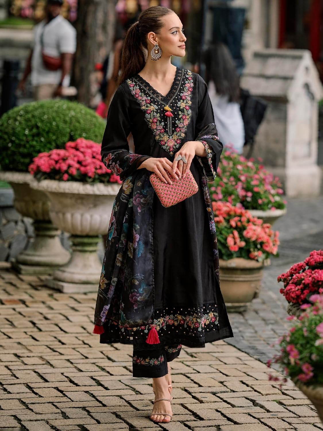 Black vichitra silk embroidered work women kurta pant dupatta set