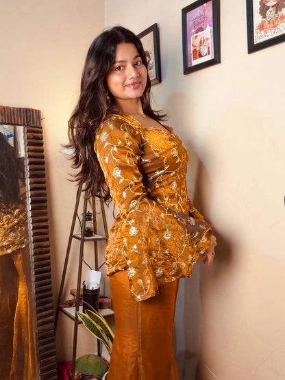 Dark yellow fandy silk top & palazzo set with embroidery, sequin and beads work