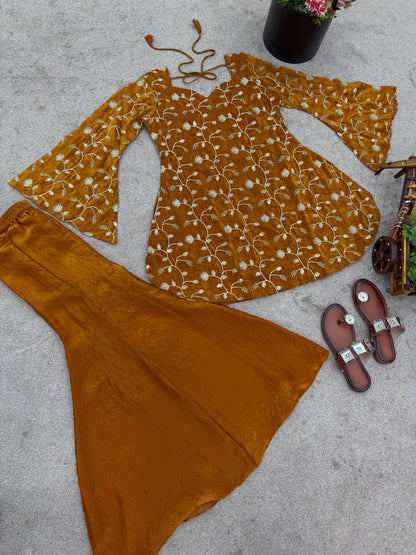 Dark yellow fandy silk top & palazzo set with embroidery, sequin and beads work