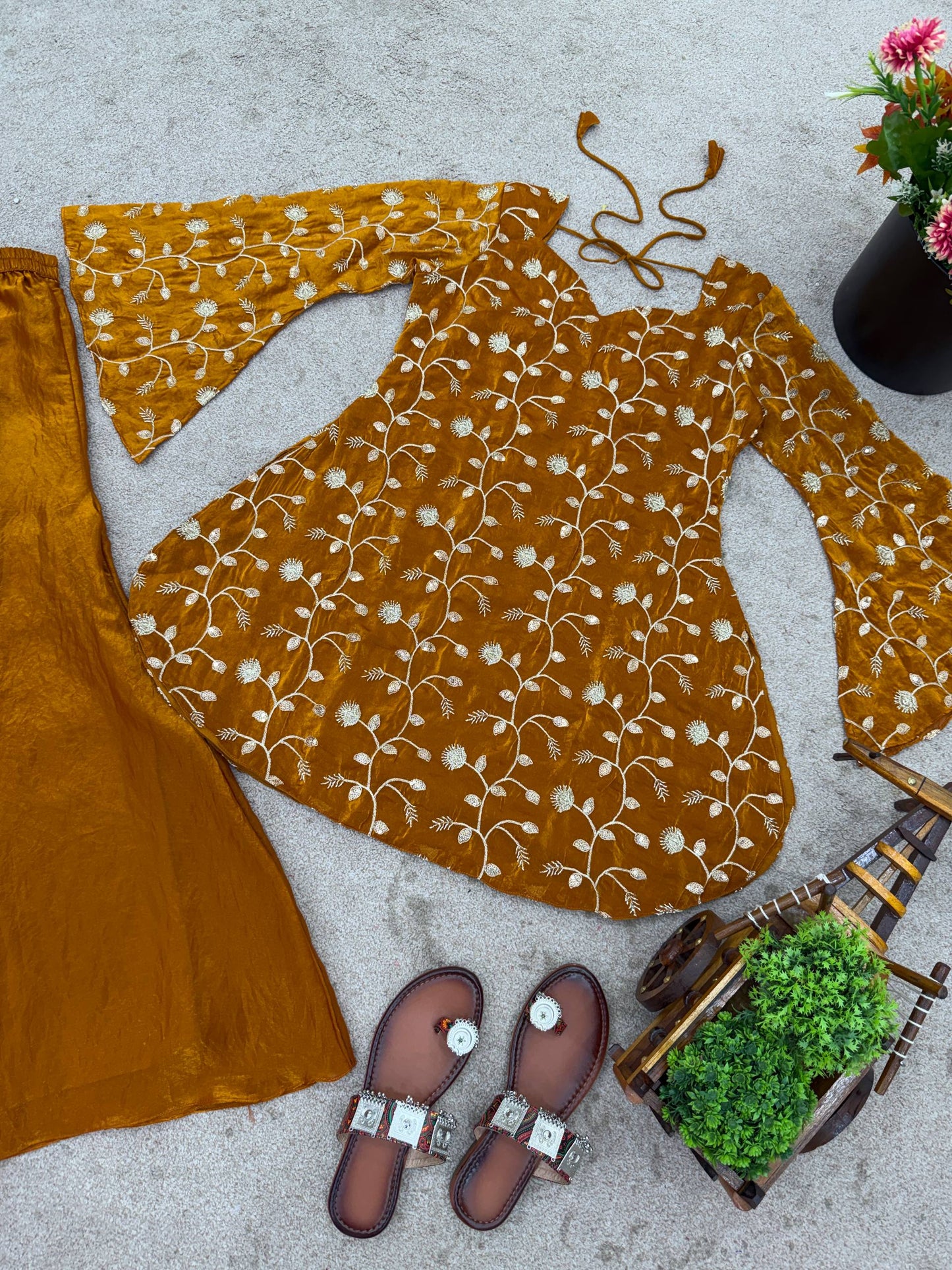 Dark yellow fandy silk top & palazzo set with embroidery, sequin and beads work