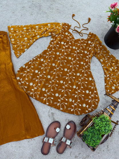 Dark yellow fandy silk top & palazzo set with embroidery, sequin and beads work